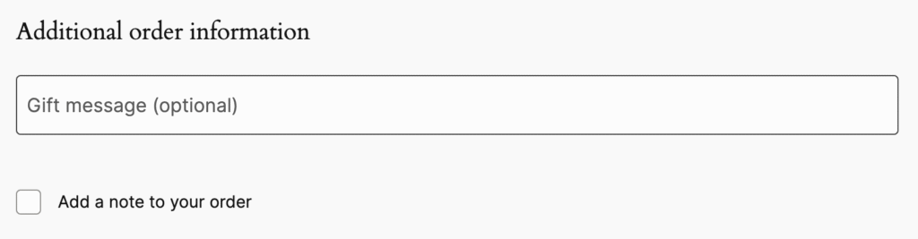 Additional order information section with a text input for an optional gift message and a checkbox to add a note to the order.