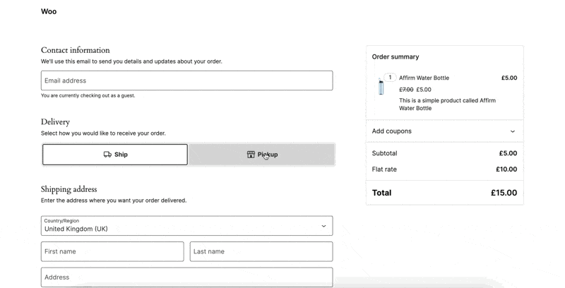 Animation demonstrating WooCommerce checkout process, highlighting contact information and delivery options with a shipping and pickup selection.