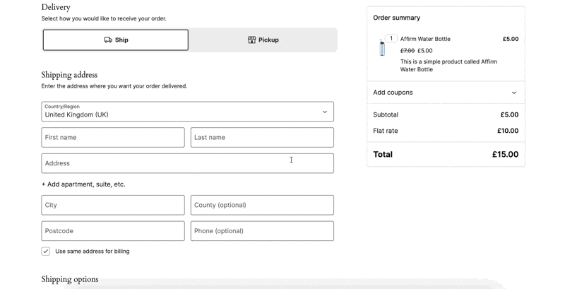 Animated GIF showing the WooCommerce checkout page, highlighting delivery options 'Ship' and 'Pickup', and the shipping address fields including country/region, first name, last name, address, city, county (optional), postcode, and phone (optional), along with an order summary.