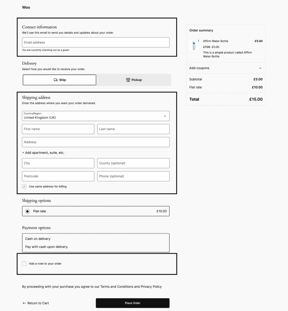 WooCommerce checkout interface displaying contact information fields, delivery options, shipping address form, shipping and payment options.